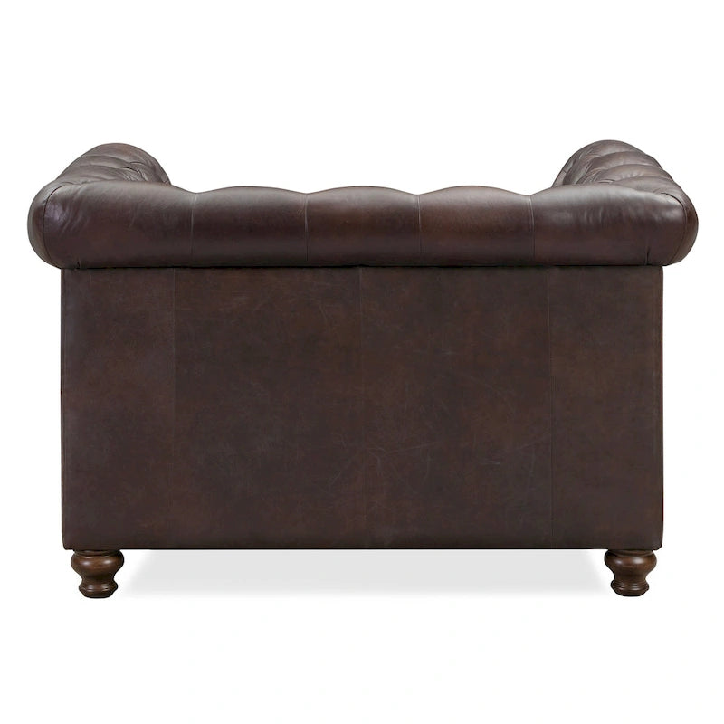 Fauteuil club Chesterfield en cuir, Madagascar Cacao / Tan Cognac, accoudoirs roulés capitonnés, 1 personne