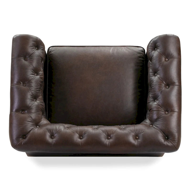 Fauteuil club Chesterfield en cuir, Madagascar Cacao / Tan Cognac, accoudoirs roulés capitonnés, 1 personne