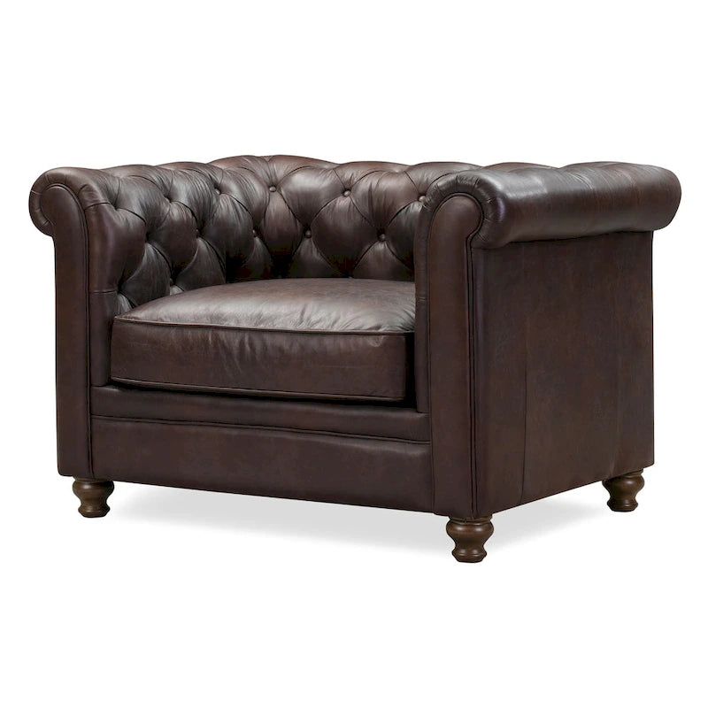 Fauteuil club Chesterfield en cuir, Madagascar Cacao / Tan Cognac, accoudoirs roulés capitonnés, 1 personne