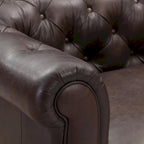 Fauteuil club Chesterfield en cuir, Madagascar Cacao / Tan Cognac, accoudoirs roulés capitonnés, 1 personne