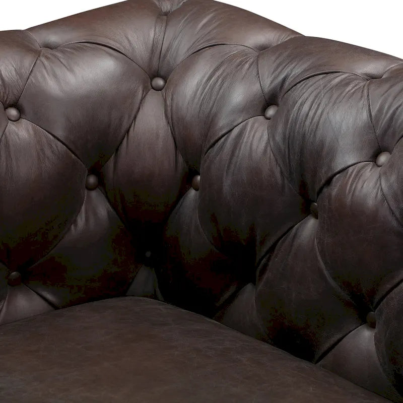 Fauteuil club Chesterfield en cuir, Madagascar Cacao / Tan Cognac, accoudoirs roulés capitonnés, 1 personne