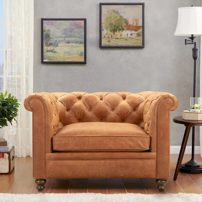Fauteuil club Chesterfield en cuir, Madagascar Cacao / Tan Cognac, accoudoirs roulés capitonnés, 1 personne