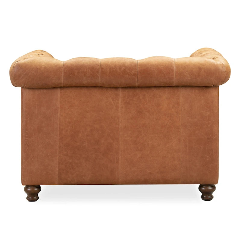 Fauteuil club Chesterfield en cuir, Madagascar Cacao / Tan Cognac, accoudoirs roulés capitonnés, 1 personne