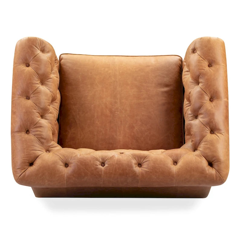 Fauteuil club Chesterfield en cuir, Madagascar Cacao / Tan Cognac, accoudoirs roulés capitonnés, 1 personne