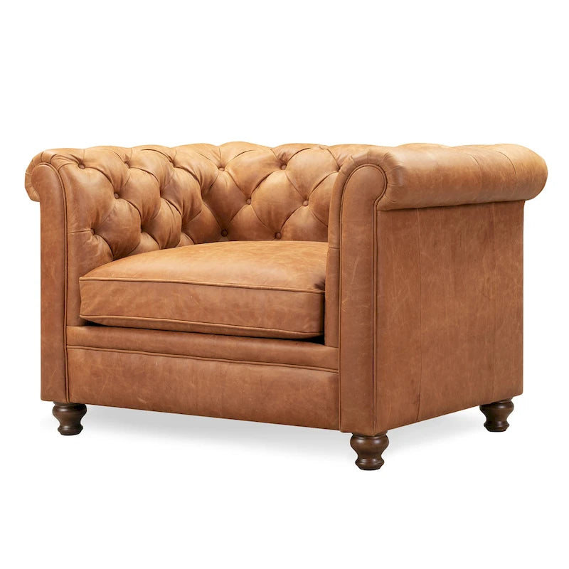 Fauteuil club Chesterfield en cuir, Madagascar Cacao / Tan Cognac, accoudoirs roulés capitonnés, 1 personne