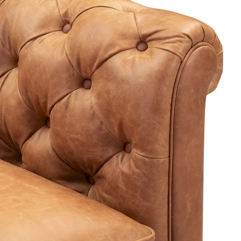 Fauteuil club Chesterfield en cuir, Madagascar Cacao / Tan Cognac, accoudoirs roulés capitonnés, 1 personne