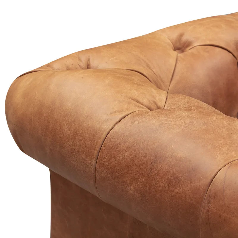 Fauteuil club Chesterfield en cuir, Madagascar Cacao / Tan Cognac, accoudoirs roulés capitonnés, 1 personne
