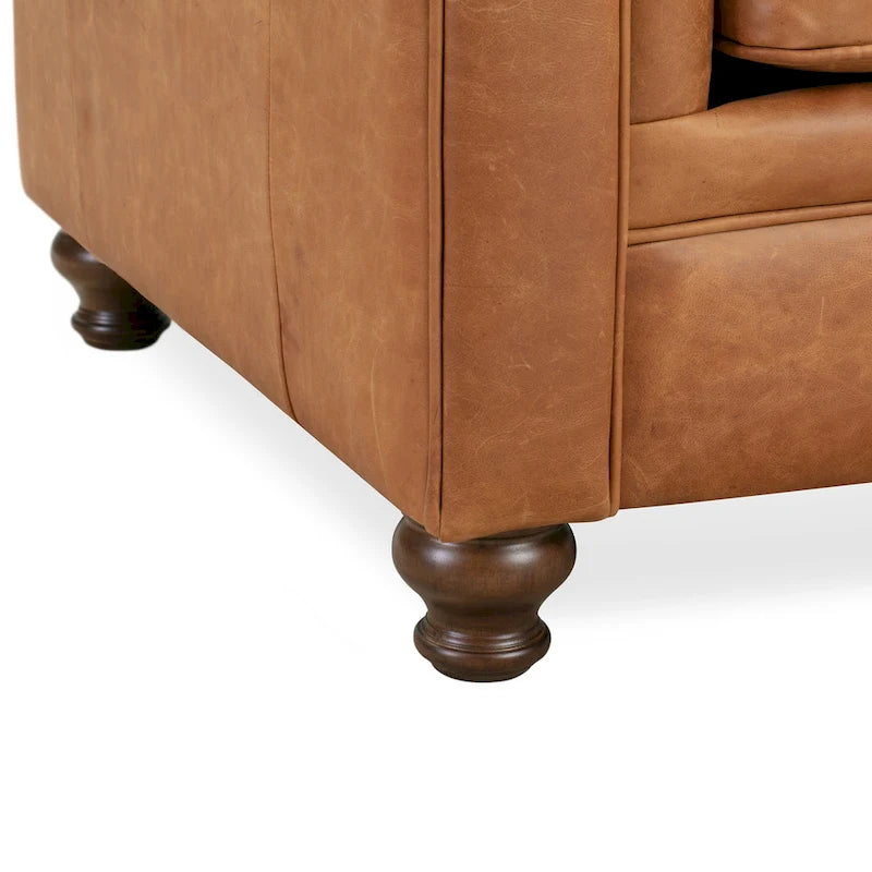 Fauteuil club Chesterfield en cuir, Madagascar Cacao / Tan Cognac, accoudoirs roulés capitonnés, 1 personne