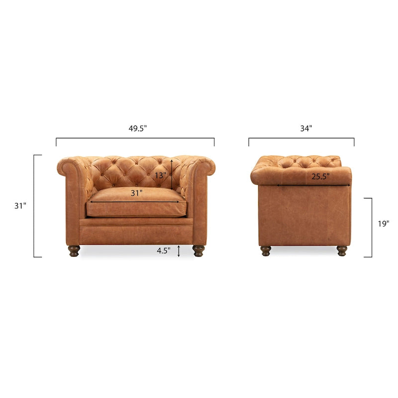 Fauteuil club Chesterfield en cuir, Madagascar Cacao / Tan Cognac, accoudoirs roulés capitonnés, 1 personne