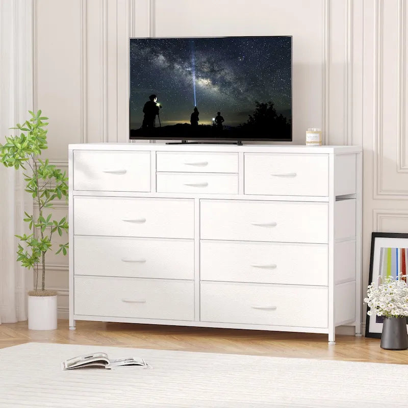Commode en tissu à 10 tiroirs avec dessus en bois imperméable, Noir / Blanc / Saule noir / Rose / Marron, Style moderne