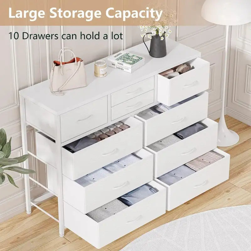 Commode en tissu à 10 tiroirs avec dessus en bois imperméable, Noir / Blanc / Saule noir / Rose / Marron, Style moderne