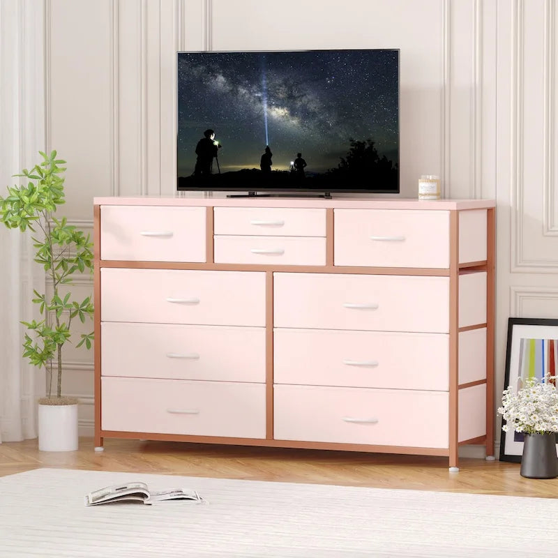 Commode en tissu à 10 tiroirs avec dessus en bois imperméable, Noir / Blanc / Saule noir / Rose / Marron, Style moderne