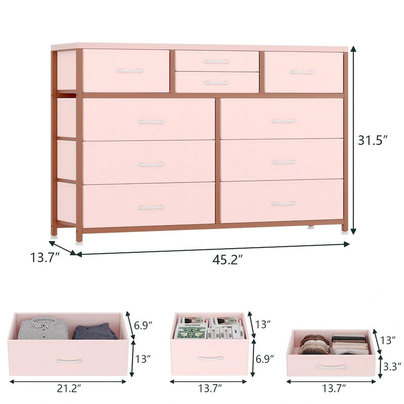 Commode en tissu à 10 tiroirs avec dessus en bois imperméable, Noir / Blanc / Saule noir / Rose / Marron, Style moderne
