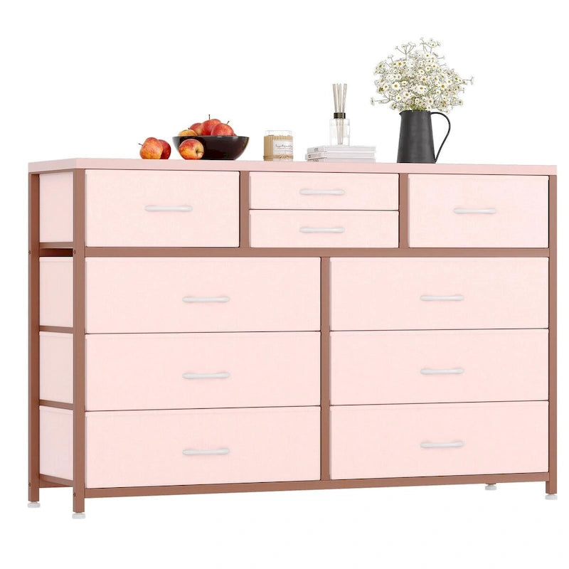 Commode en tissu à 10 tiroirs avec dessus en bois imperméable, Noir / Blanc / Saule noir / Rose / Marron, Style moderne