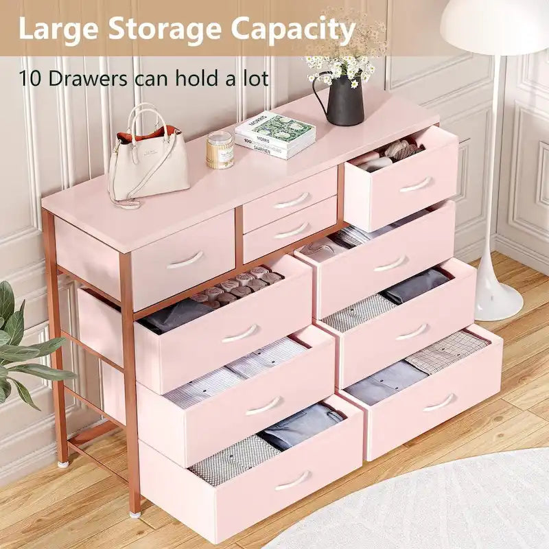 Commode en tissu à 10 tiroirs avec dessus en bois imperméable, Noir / Blanc / Saule noir / Rose / Marron, Style moderne
