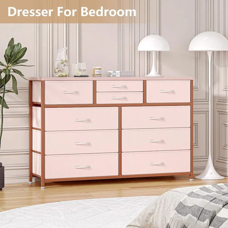 Commode en tissu à 10 tiroirs avec dessus en bois imperméable, Noir / Blanc / Saule noir / Rose / Marron, Style moderne