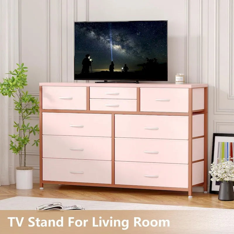 Commode en tissu à 10 tiroirs avec dessus en bois imperméable, Noir / Blanc / Saule noir / Rose / Marron, Style moderne