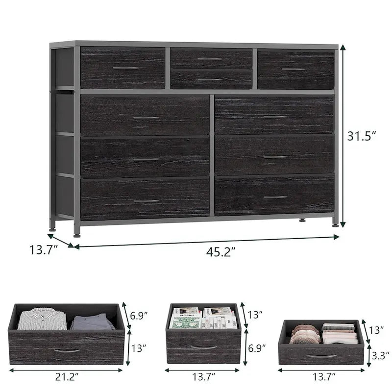 Commode en tissu à 10 tiroirs avec dessus en bois imperméable, Noir / Blanc / Saule noir / Rose / Marron, Style moderne