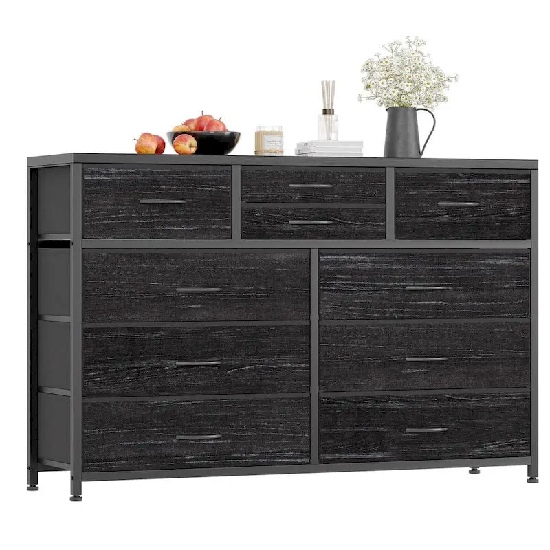 Commode en tissu à 10 tiroirs avec dessus en bois imperméable, Noir / Blanc / Saule noir / Rose / Marron, Style moderne