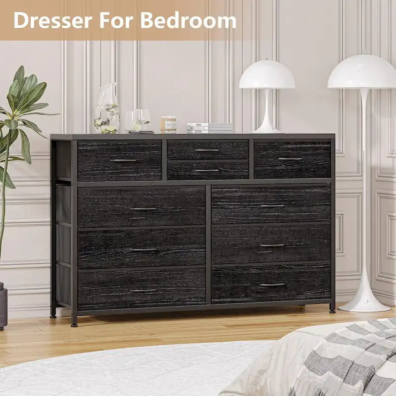 Commode en tissu à 10 tiroirs avec dessus en bois imperméable, Noir / Blanc / Saule noir / Rose / Marron, Style moderne
