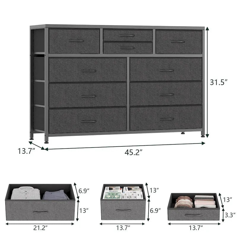 Commode en tissu à 10 tiroirs avec dessus en bois imperméable, Noir / Blanc / Saule noir / Rose / Marron, Style moderne