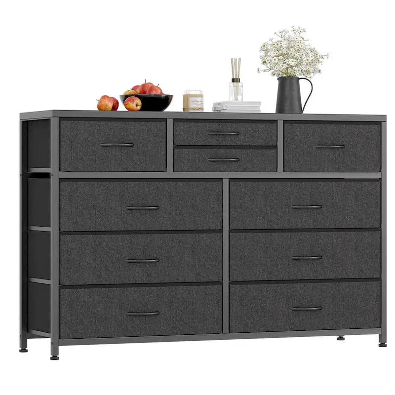 Commode en tissu à 10 tiroirs avec dessus en bois imperméable, Noir / Blanc / Saule noir / Rose / Marron, Style moderne