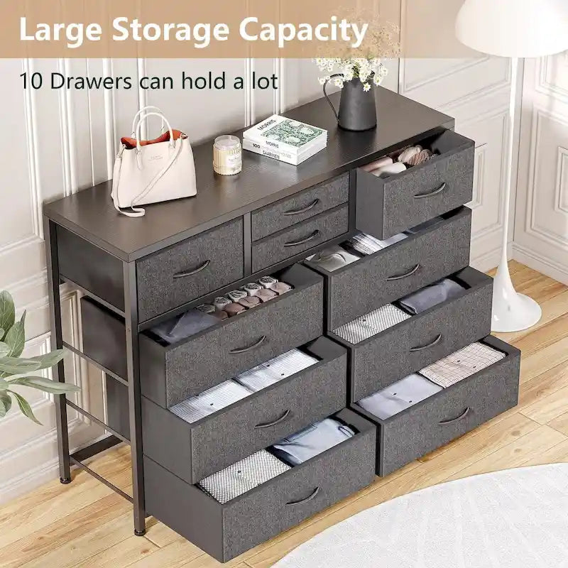 Commode en tissu à 10 tiroirs avec dessus en bois imperméable, Noir / Blanc / Saule noir / Rose / Marron, Style moderne