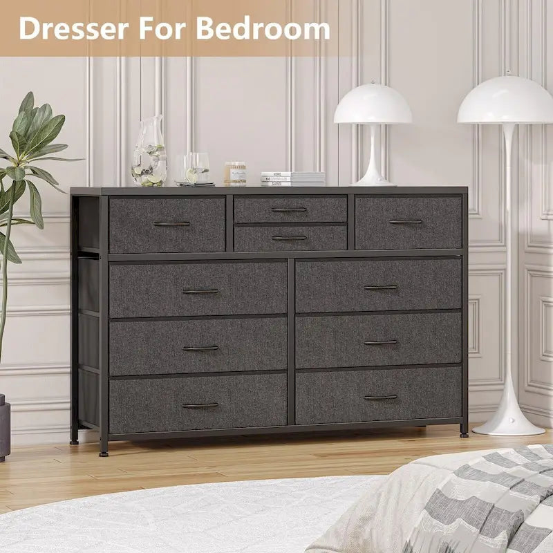 Commode en tissu à 10 tiroirs avec dessus en bois imperméable, Noir / Blanc / Saule noir / Rose / Marron, Style moderne