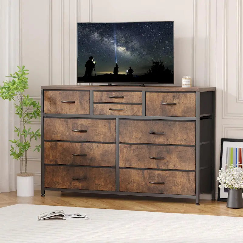 Commode en tissu à 10 tiroirs avec dessus en bois imperméable, Noir / Blanc / Saule noir / Rose / Marron, Style moderne