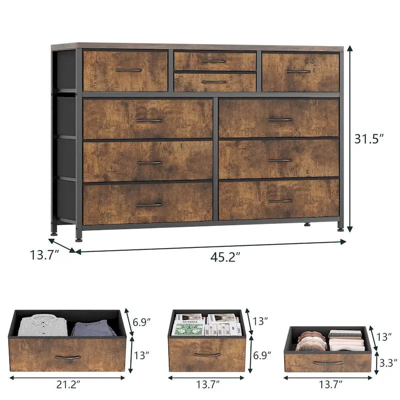 Commode en tissu à 10 tiroirs avec dessus en bois imperméable, Noir / Blanc / Saule noir / Rose / Marron, Style moderne