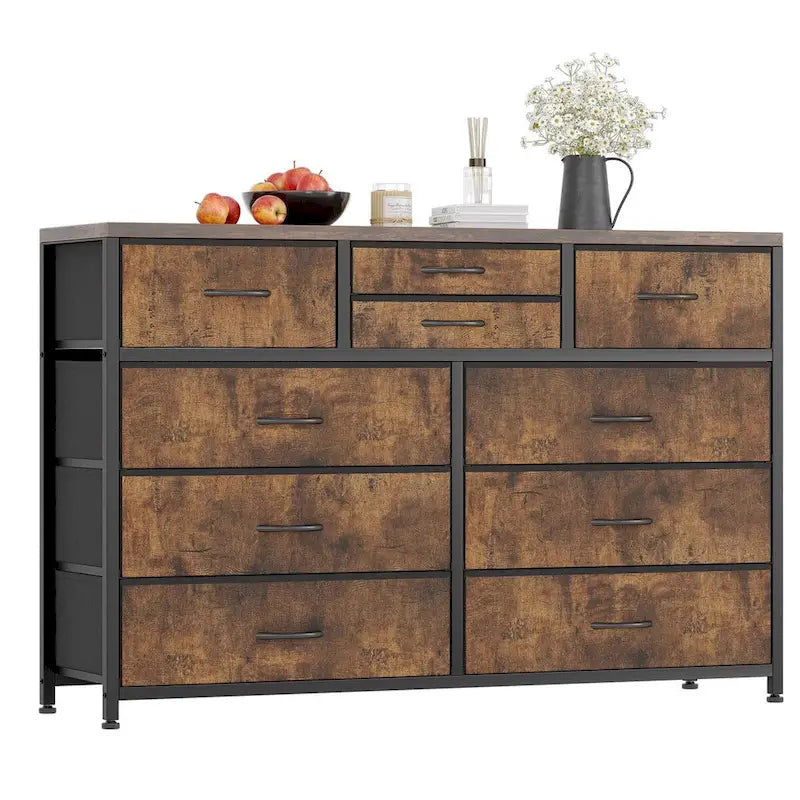 Commode en tissu à 10 tiroirs avec dessus en bois imperméable, Noir / Blanc / Saule noir / Rose / Marron, Style moderne