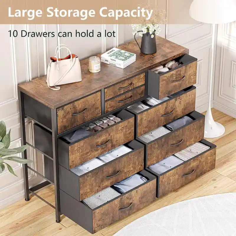 Commode en tissu à 10 tiroirs avec dessus en bois imperméable, Noir / Blanc / Saule noir / Rose / Marron, Style moderne