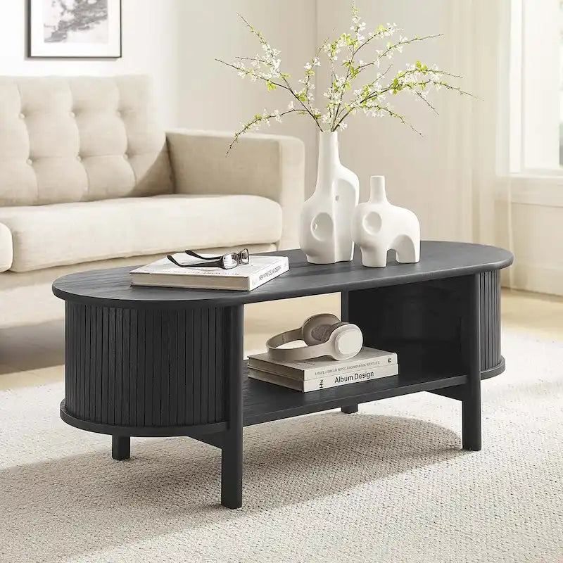 Table basse ovale cannelée avec étagère inférieure, chêne / noir / noyer, style moderne du milieu du siècle
