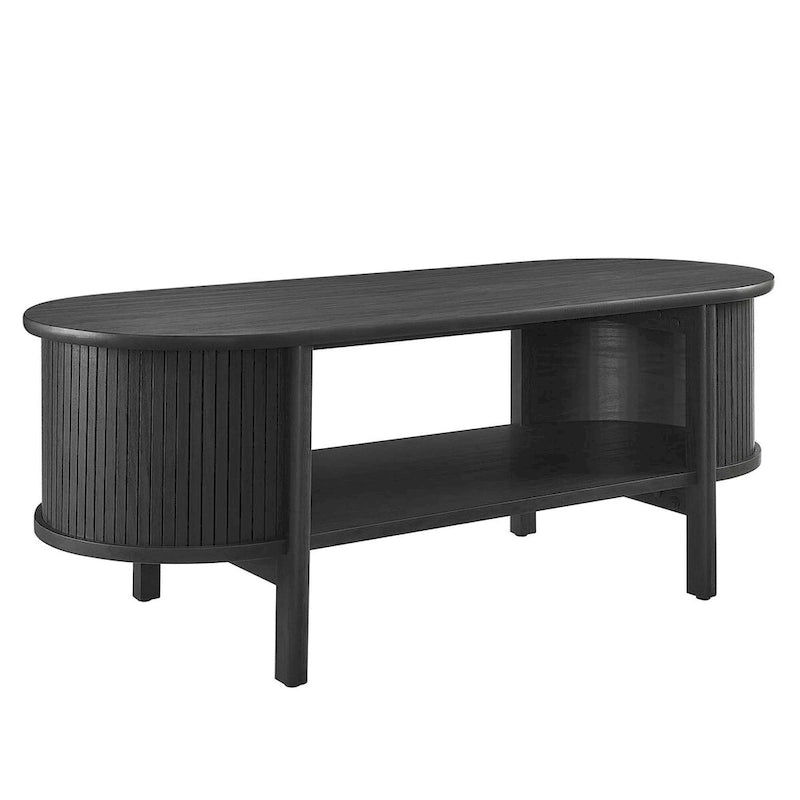 Table basse ovale cannelée avec étagère inférieure, chêne / noir / noyer, style moderne du milieu du siècle