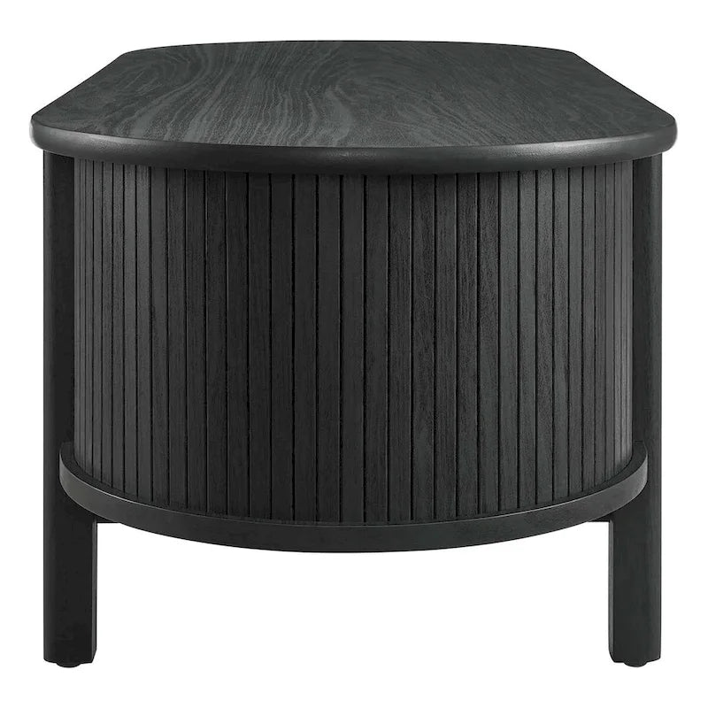 Table basse ovale cannelée avec étagère inférieure, chêne / noir / noyer, style moderne du milieu du siècle