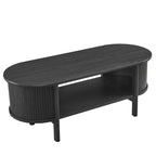Table basse ovale cannelée avec étagère inférieure, chêne / noir / noyer, style moderne du milieu du siècle
