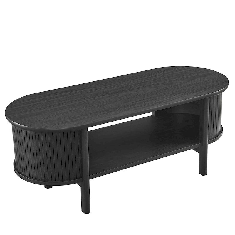 Table basse ovale cannelée avec étagère inférieure, chêne / noir / noyer, style moderne du milieu du siècle
