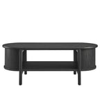 Table basse ovale cannelée avec étagère inférieure, chêne / noir / noyer, style moderne du milieu du siècle