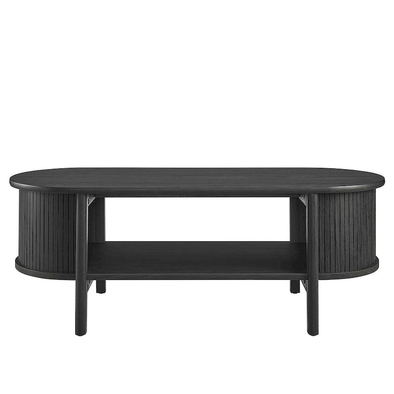 Table basse ovale cannelée avec étagère inférieure, chêne / noir / noyer, style moderne du milieu du siècle