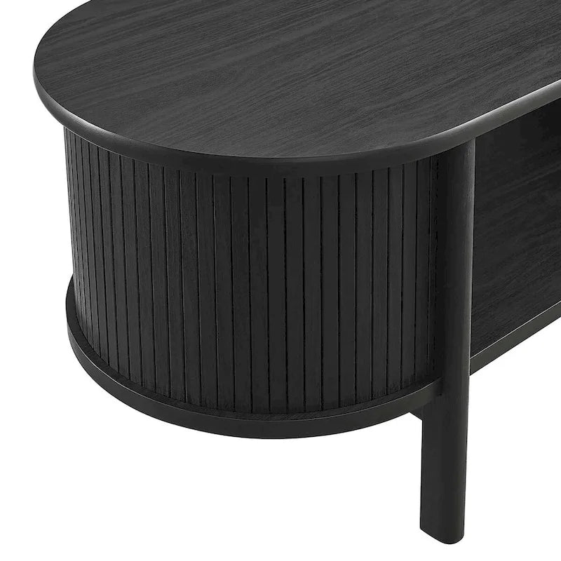 Table basse ovale cannelée avec étagère inférieure, chêne / noir / noyer, style moderne du milieu du siècle