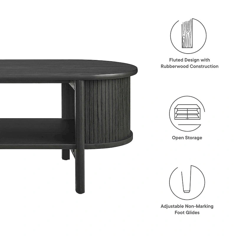 Table basse ovale cannelée avec étagère inférieure, chêne / noir / noyer, style moderne du milieu du siècle