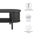 Table basse ovale cannelée avec étagère inférieure, chêne / noir / noyer, style moderne du milieu du siècle