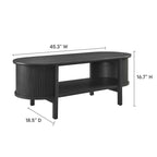 Table basse ovale cannelée avec étagère inférieure, chêne / noir / noyer, style moderne du milieu du siècle