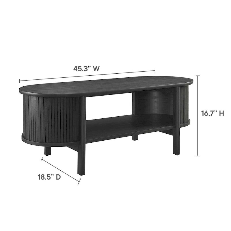 Table basse ovale cannelée avec étagère inférieure, chêne / noir / noyer, style moderne du milieu du siècle