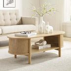 Table basse ovale cannelée avec étagère inférieure, chêne / noir / noyer, style moderne du milieu du siècle