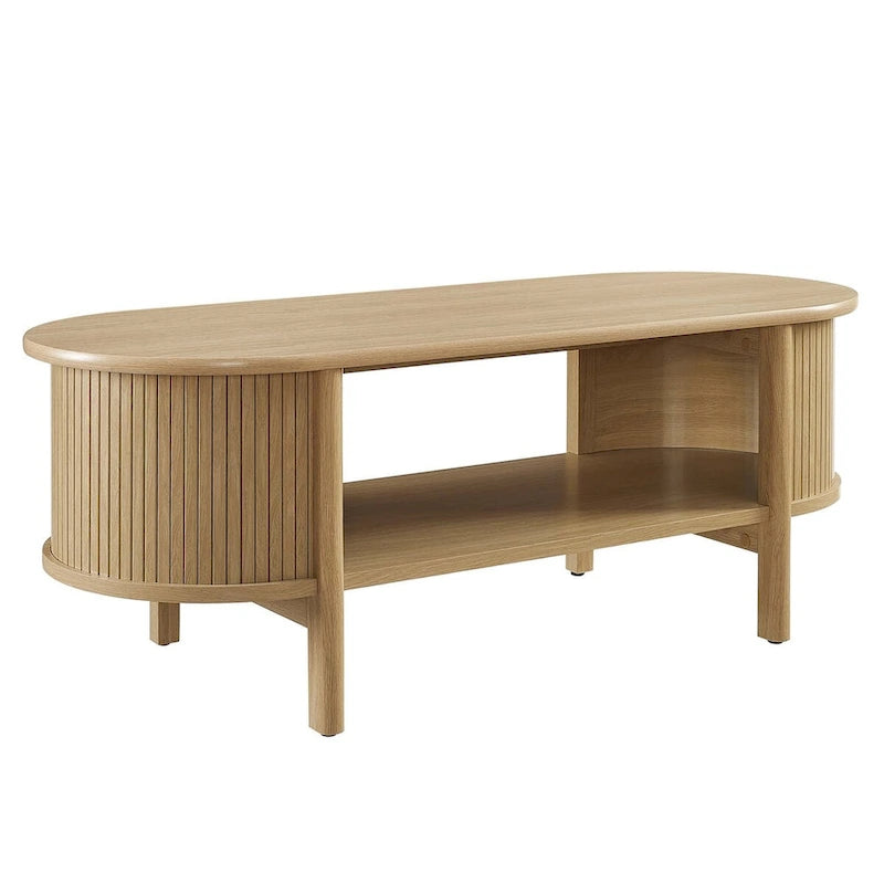 Table basse ovale cannelée avec étagère inférieure, chêne / noir / noyer, style moderne du milieu du siècle