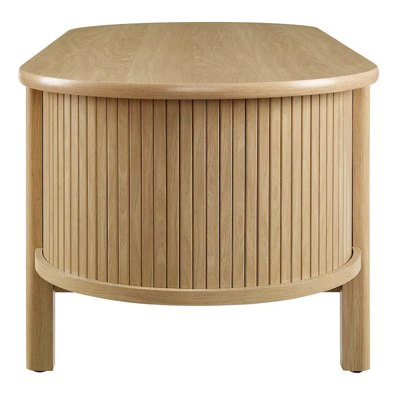 Table basse ovale cannelée avec étagère inférieure, chêne / noir / noyer, style moderne du milieu du siècle