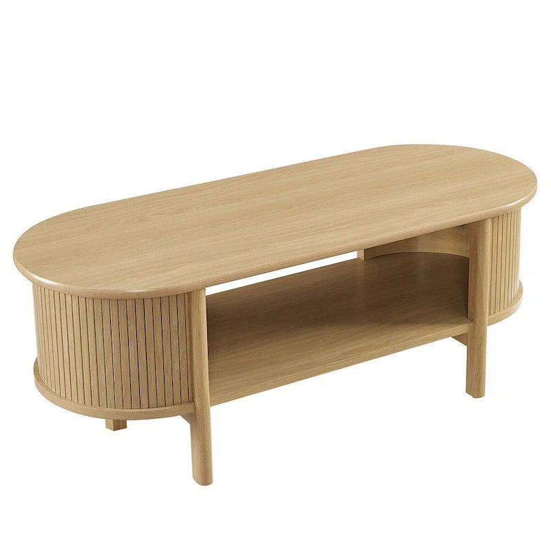 Table basse ovale cannelée avec étagère inférieure, chêne / noir / noyer, style moderne du milieu du siècle