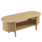 Table basse ovale cannelée avec étagère inférieure, chêne / noir / noyer, style moderne du milieu du siècle