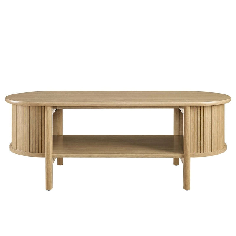 Table basse ovale cannelée avec étagère inférieure, chêne / noir / noyer, style moderne du milieu du siècle